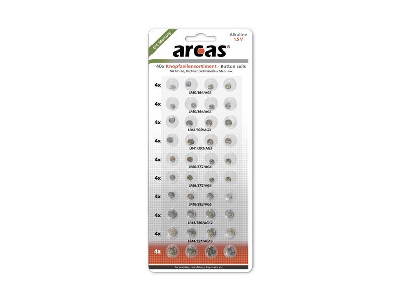 Battery Arcas Button Cells Set AG3-AG13 0% Mercury/Hg (40 pcs.)
