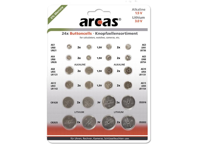 Battery Arcas button cell set AG1 till CR2032 0% Mercury (24 Pcs.)
