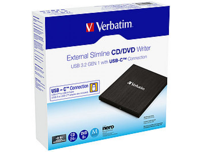 Verbatim DVD Recorder. USB 3.2. A-C. 8x/6x/24x. Slimline Portable. Black