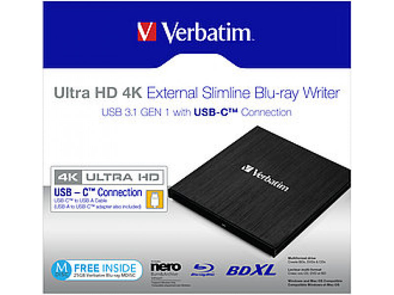 Verbatim Blu-ray Recorder. USB 3.1. 6x/8x/24x. UHD. 4K. BDXL - Portable