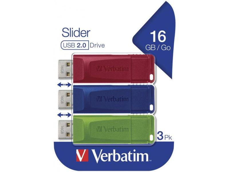 Verbatim Slider - USB Drive - 3x16 GB -16 GB Blue - Green - Red 49326