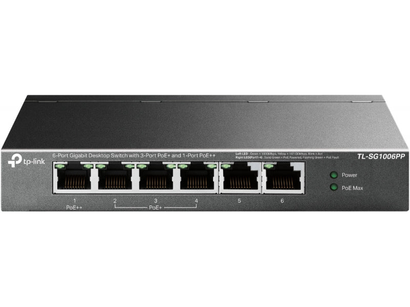 TP-LINK 6-Port Switch 3-Port PoE+ / 1-Port PoE++ Black - TL-SG1006PP